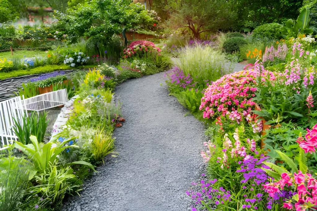 Curved gravel pathway surrounded by colorful flowering borders and lush greenery in a small backyard garden oasis.