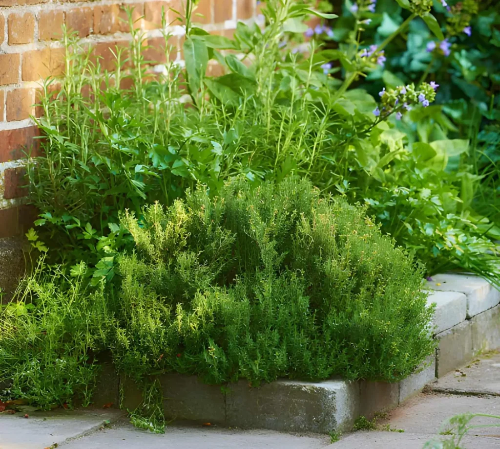 Lush rosemary and mixed culinary herbs growing in a compact raised border beside a brick wall in a small backyard garden.