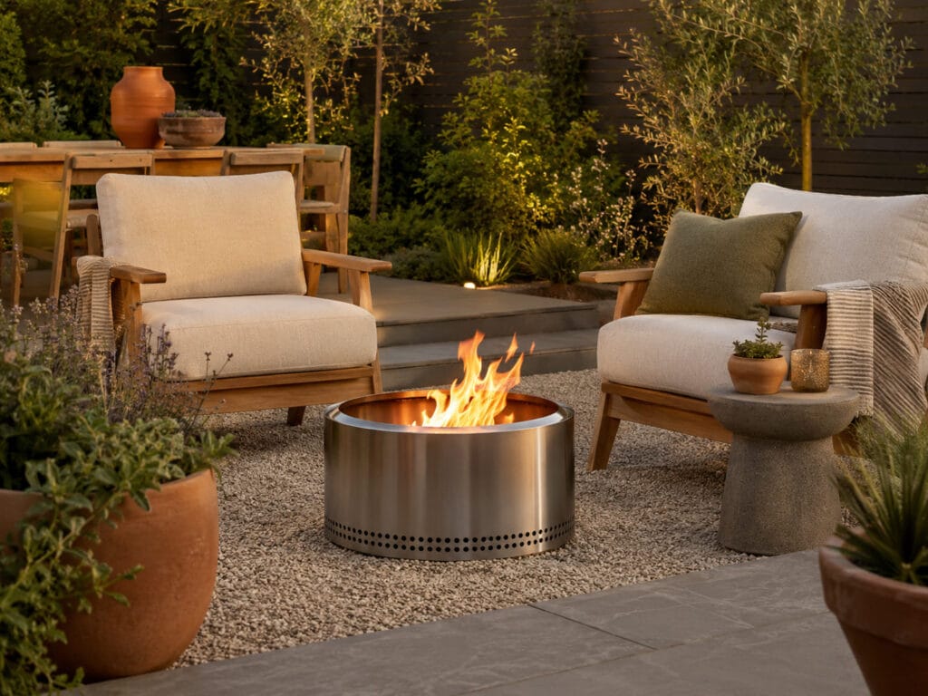 Modern smokeless fire pit on gravel with two comfortable outdoor chairs, sage green pillows, terracotta pots, and warm backyard lighting.