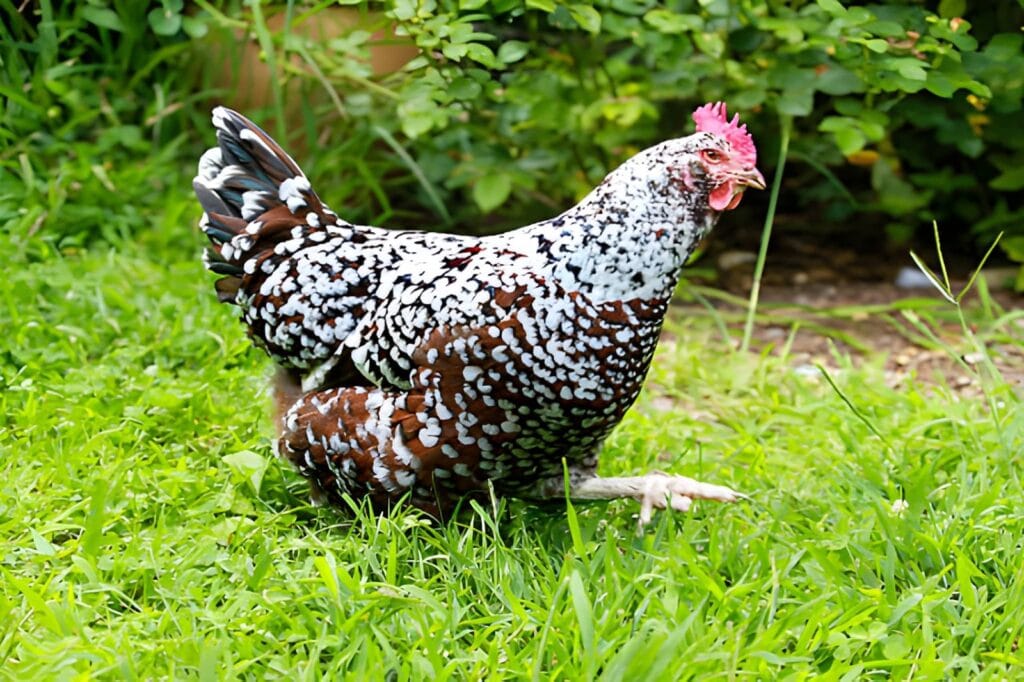 Speckled Sussex hen walking through green backyard grass with brown, black, and white speckled feathers, ideal for beginner-friendly backyard chicken keeping.