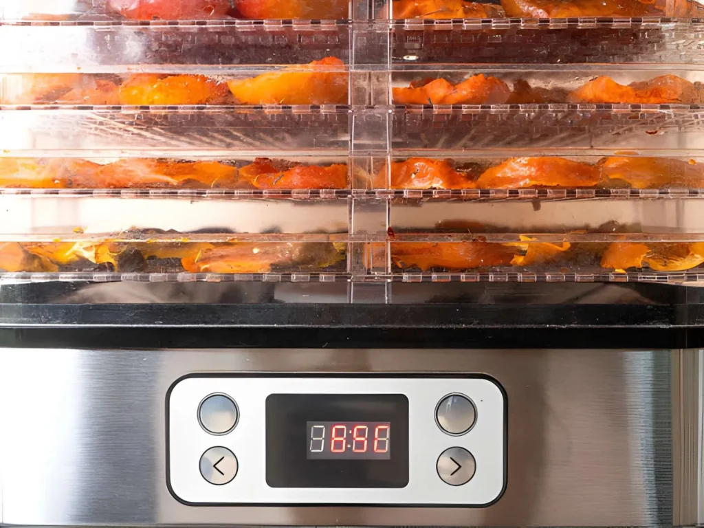 Stackable electric food dehydrator filled with orange fruit slices drying on multiple trays during beginner home food preservation.
