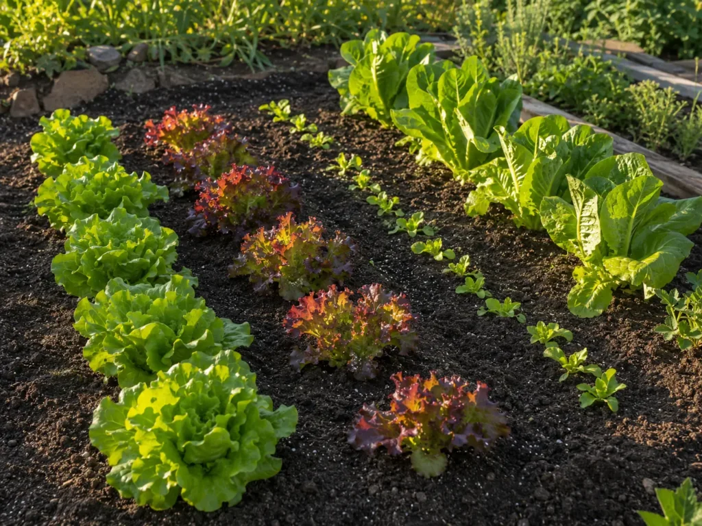 Staggered rows of lettuce at different growth stages for steadier harvests.