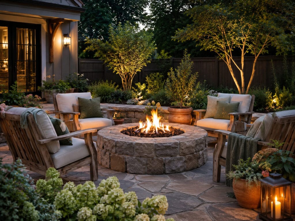 Stone ring fire pit in a landscaped backyard with wooden chairs, soft garden lighting, potted plants, and a cozy outdoor seating area.