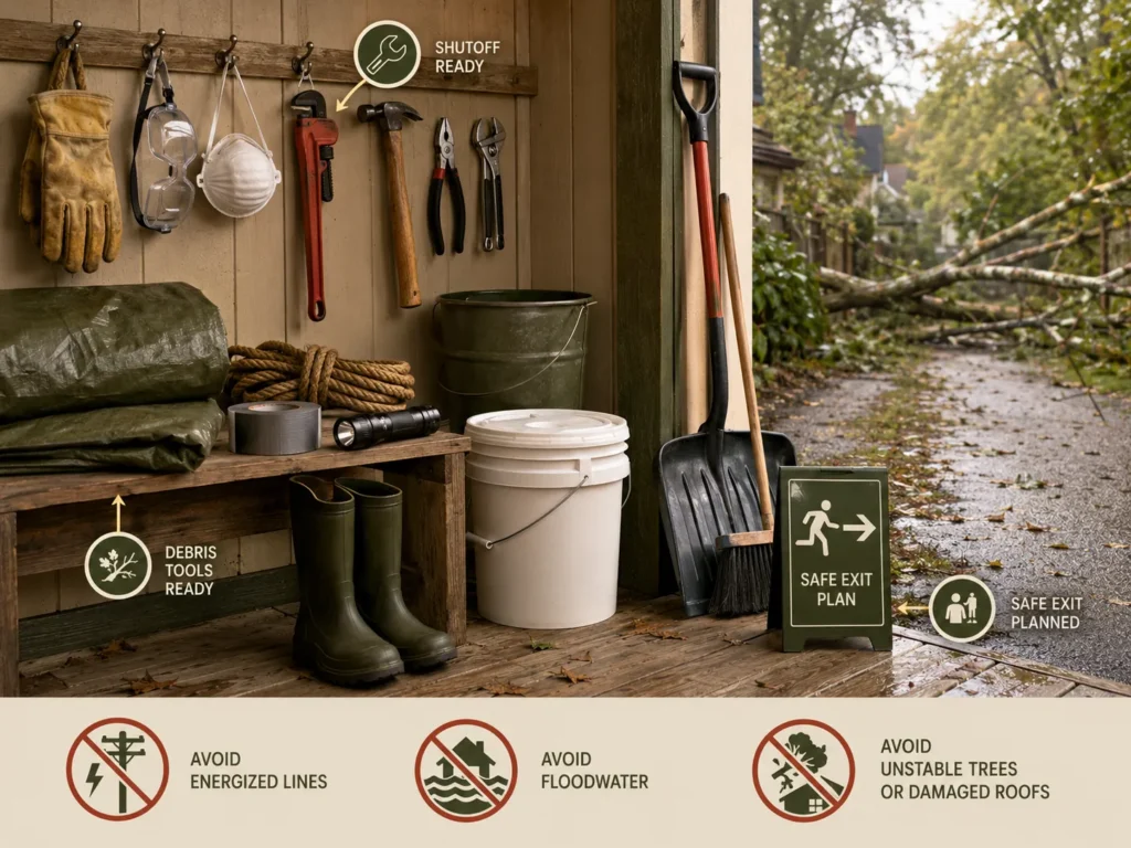 Visual infographic showing storm emergency tools, including work gloves, safety glasses, sturdy boots, dust masks, a utility shutoff tool, hand tools, tarps, rope, duct tape, buckets, and safety warnings for downed power lines, floodwater, damaged roofs, and unstable trees.