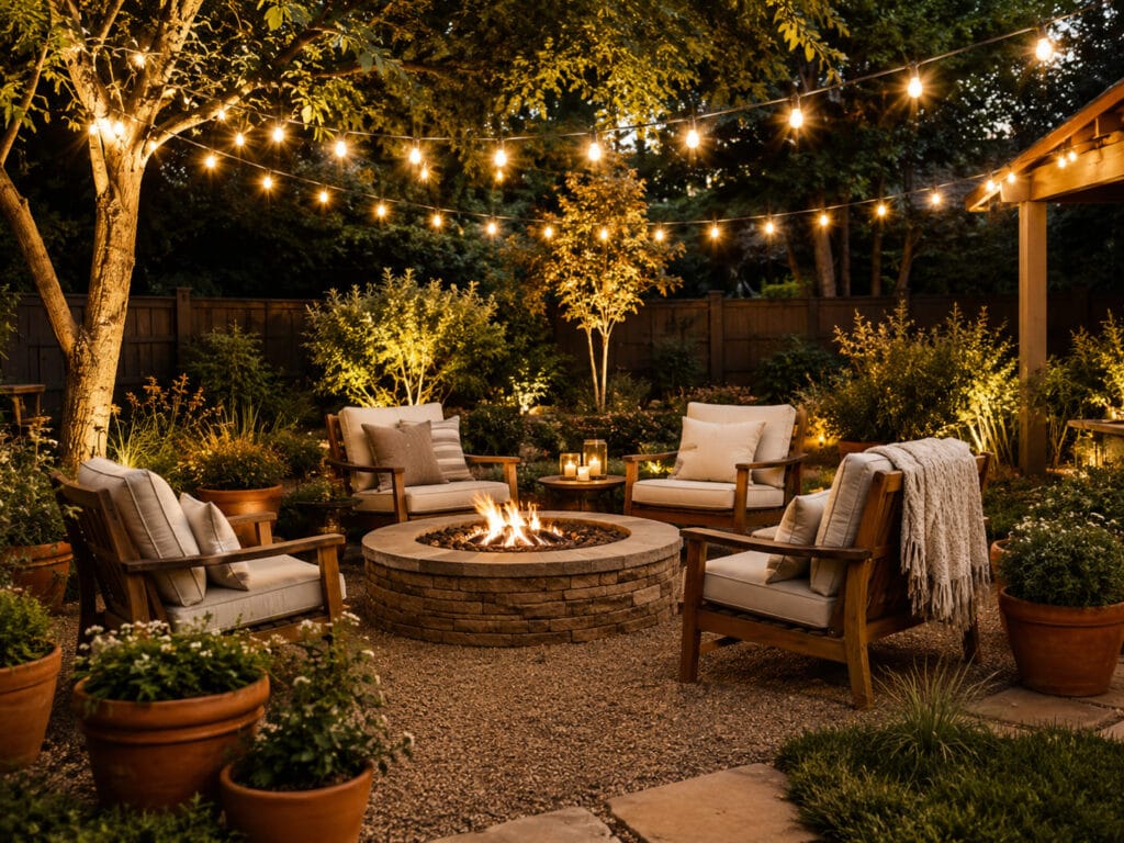 Cozy backyard fire pit area under warm string lights with wooden chairs, gravel ground, potted plants, and soft outdoor lighting.