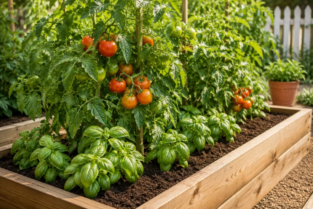Tomatoes and basil growing together as a beginner companion planting pair in a raised bed garden.