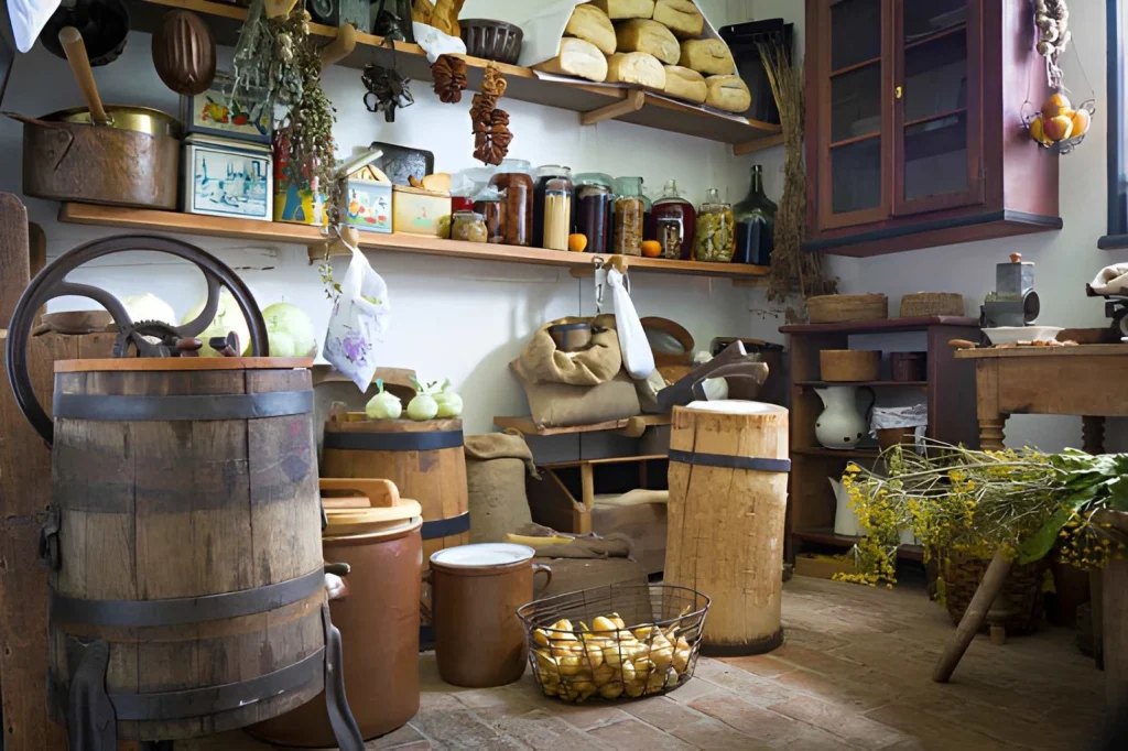 Rustic food preservation pantry with dried herbs, preserved jars, wooden barrels, and storage shelves for beginner homesteading and self-sufficient living.