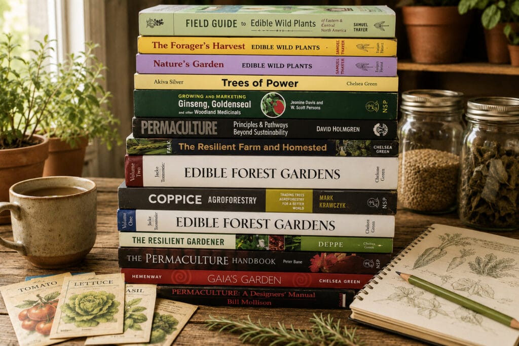 Vegetable gardening books with a garden planning journal, seed packets, plant labels, and herbs.