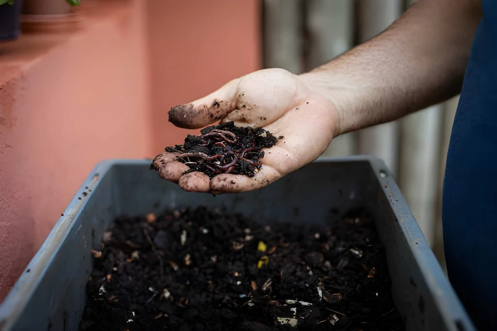 Hand holding worm-rich vermicompost above a compost bin, showing vermicompost as one of the organic fertilizer types used in gardens.
