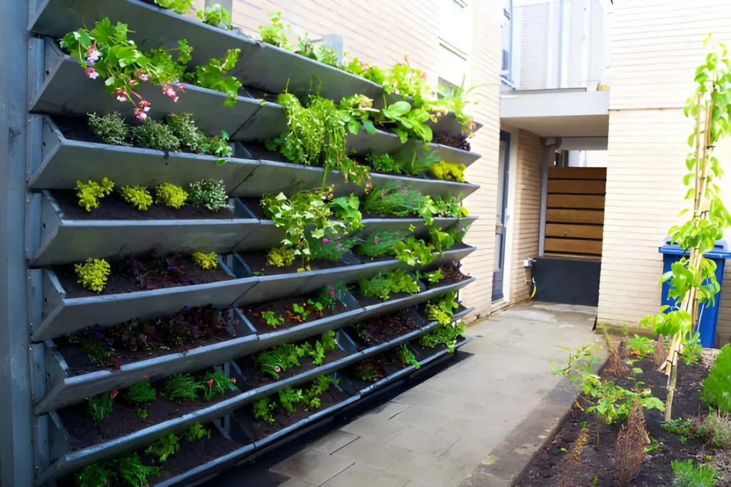 Space-saving vertical garden wall filled with herbs, leafy greens, and flowering plants in a narrow small backyard.