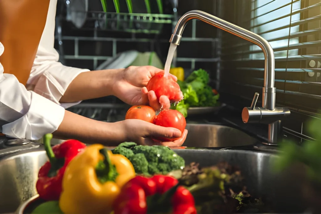 Fresh tomatoes, bell peppers, broccoli, and other vegetables being washed under running water before preparation for home food dehydration.