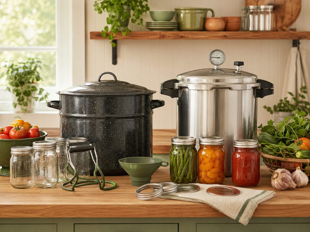 Water bath canner and pressure canner shown side by side with canning jars and tools.