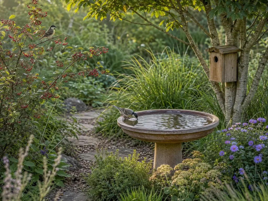 Wildlife habitat garden beside securely enclosed vegetable beds, with flowers, dense cover, a nesting box and a clean shallow water dish.