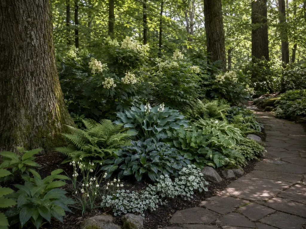 Layered woodland shade garden with mature trees, shrubs, hostas, ferns, groundcovers, spring bulbs and a natural stone path.